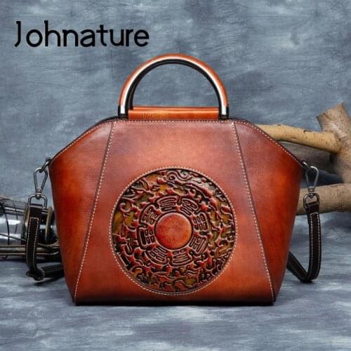 Johnature Handmade Totem Genuine Leather Women Bag 2021 New Retro First Layer Cowhide Large Capacity Shoulder & Crossbody Bags