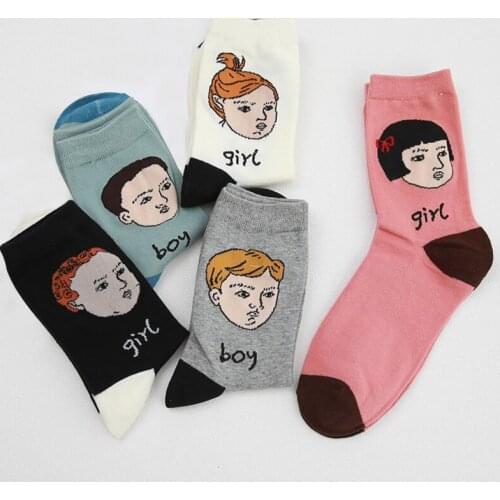 Women Socks Creative Cartoon Boy Girl Face Picture Lovely Popular Socks Comfotable High Quality Elasticity Sock Meias