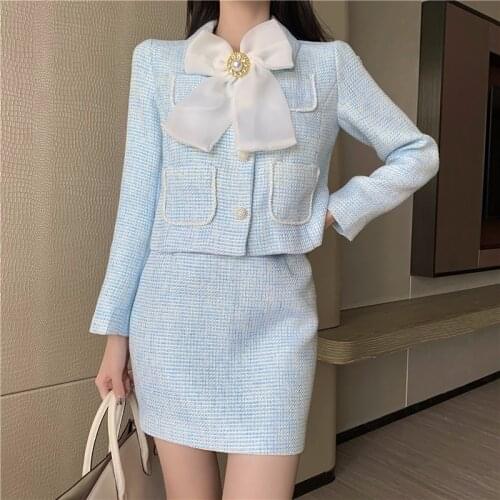 High Quality Fall Winter Korean Sweet Tweed 2 Piece Set Women Bow Short Jacket Coat + Skirt Sets Small Fragrance Two Piece Suits