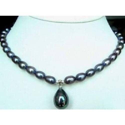Women Gift word Free shipping Real 7-8MM Black baroque Cultured Pearl/Shell Pearl Pendant(12x16MM) Necklace 18 inch Genuine