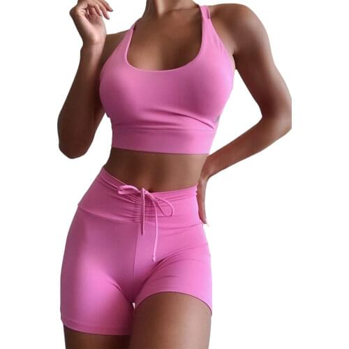2 Pieces Yoga Clothes Female Solid Color U-Neck Sleeveless Crop Top+ Short Pants for Summer Black/Pink