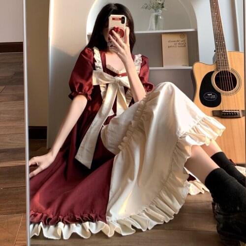 College Style Puff Sleeve Square Collar Bow Patchwork High Waist Midi Dress Women Summer Sweet Plus Size Party Lolita Dresses