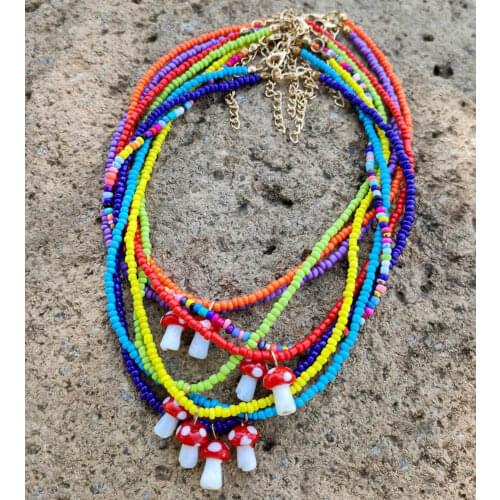 Bohemian Colorful Mushroom Pendant Beaded Necklace For Women Multicolor Acrylic Rice Bead Strand Choker Necklaces Sweet Jewelry