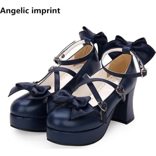 Angelic imprint new woman mori girl lolita cosplay shoes lady high heels pumps women princess dress party shoes 33-47 8cm bowtie
