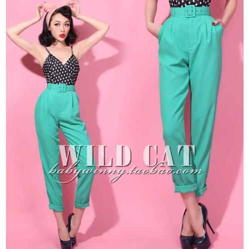 FREE SHIPPING Spring New Arrival Vintage Classic Casual High Waist Loose Long Pants With Belt All-match Green Trousers Women