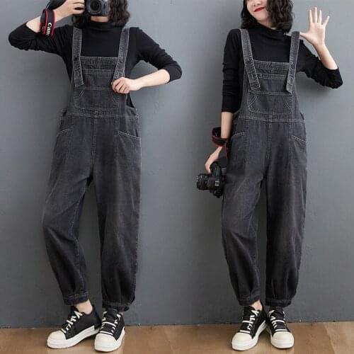 High Waist Denim Bib Women Slim Korean Pants Look Thin Jeans Loose Nine-point Overalls Straight Jumpsuit Trousers Streetwear