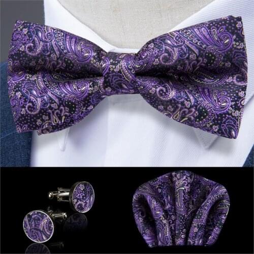 Purple Paisley Silk Bowtie Butterfly Tie Adjustable Formal Pre-Tied Bowtie Pocket Square Cufflinks Set for Tuxedo DiBanGu JM111