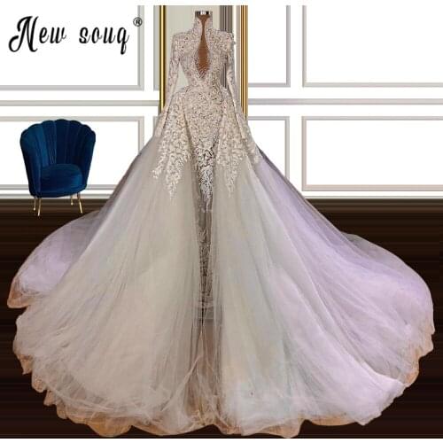 Illusion Lace Wedding Dresses With Detachable Train Long Sleeves Mermaid Beading Bridal Gowns Pearls Vestidos De Novia Custom
