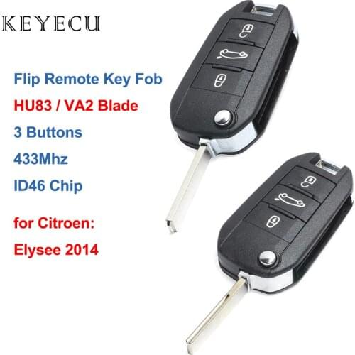 Keyecu Flip Remote Car Key Fob 3 Buttons 433MHz ID46 Chip for Citroen Elysee 2014 - HU83 / VA2 Blade