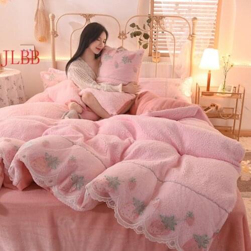 Lace Lamb Cashmere Fleece Flannel Bedding Set Winter Bedclothes Pink Embroidery Flat Sheet Pillowcase 3/4pcs 2020 NEW Princess