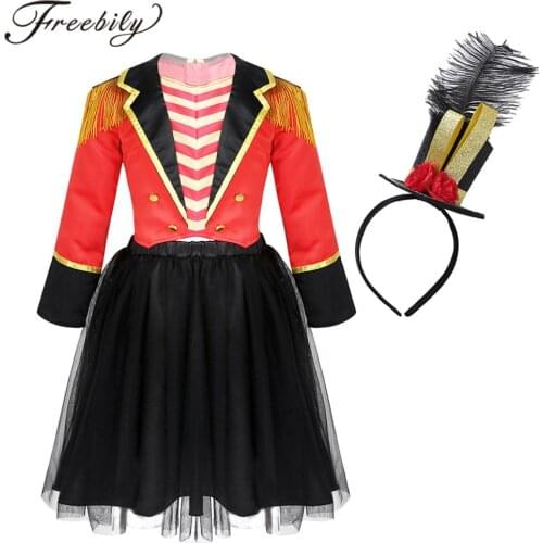Kids Girls Circus Ringmaster Costume Halloween Cosplay Costume Outfit Tassel Epaulette Jacket With Mesh Tutu Skirts And Headband