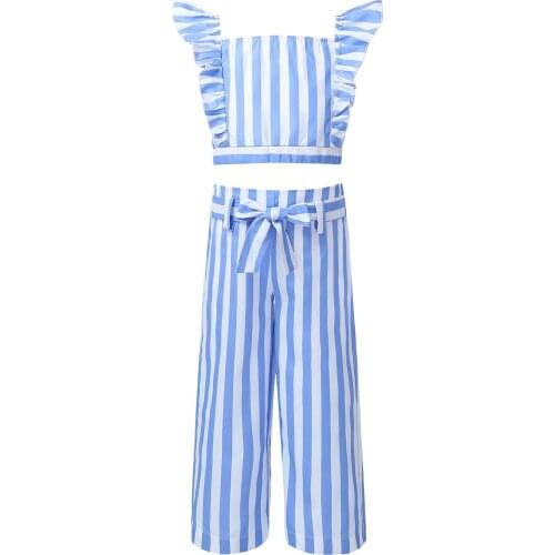Summer Girls Stylish Striped Outfits Wide Ruffle Shoulder Sleeveless Crop Top with Pants Sets Children Dance Fitness Dancewear