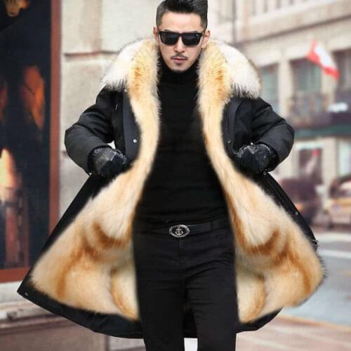 HANZANGL Mens Fur Coat 2020 Winter High Quality Fashion With Fur Hooded Lined Thick Warm Parkas Outerwear Mid-length With Long