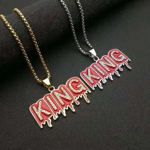Men Hip Hop Rhinestone King Shape Pendants Necklaces Bling Bling Iced red gold color Hiphop Necklace Men Jewelry Gift