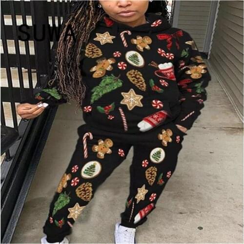 Fall Winter New Classic Printed Two-piece Suit Christmas Style XL African Clothing Womens Top Pants Casual Warm Sweat Suit