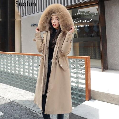 Suofun Cotton Long With Hooded Adjustable Waist Office Style Lady Loose Khaki Elegant 2021 New Winter Warm Women Parker Coat
