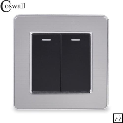Coswall Stainless Steel Panel 2 Gang 3 Way Intermediate Switch Crossover Switch On / Off Wall Light Switch 16A X2 Series
