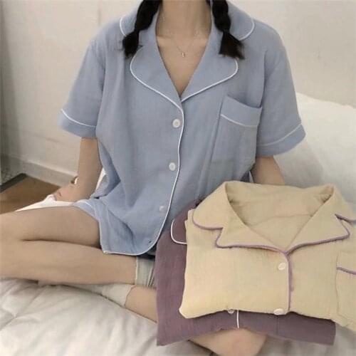 Single Breasted Shirts + Short Set Women Two Piece Summer Pajamas Set Casual Loose Korean Home Suit Sleepwear Homewear