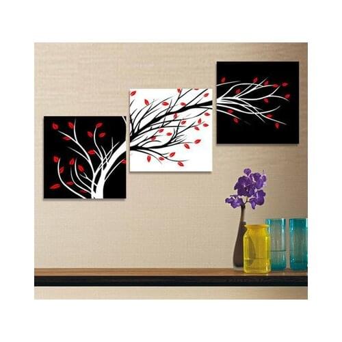 Hand 3pc MODERN ABSTRACT OIL PAINTING ON CANVAS: BLACK RED WHITE TRE (no frame)