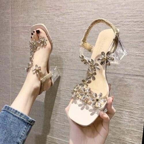 Thick Heel High Heel Sandals Female Hollow Heel Sandals Female Beige Transparent Shoes All-match Female Sandals Women Shoes