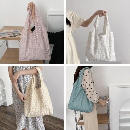 Silk Mesh Women Canvas Shoulder Bag Embroidery Flowers Coth Handbag Casual Tote Students Books Bag Eco Shopping Bags For Girls