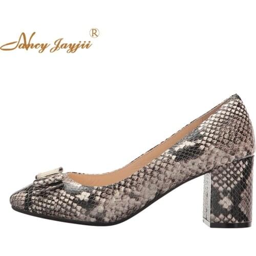 Snake Print Boat Block Heels Pumps Sexy Elegant Pointed Toe 6-7 cm Mid High Spring Party Queen Elegant Fashion Women Shoes 2019