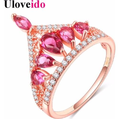 Uloveido Party Wedding Rings for Women Pink Crown Ring Female Rose Gold Color Indian Jewelry Gifts Decorations for Women RA140