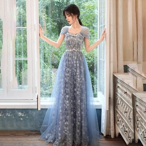 Evening Dress Sequins Floral Print A-Line Square Collar Floor-Length Short Sleeves Lace Up Fashion Woman Formal Party Gown A716