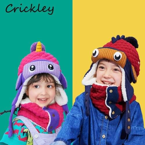 High Quality Winter Warm Kids Hat Cartoon Unicorn Modelling Hats for 1-8 Years Boys Girls Cotton Lambs Wool Ushanka Children Cap