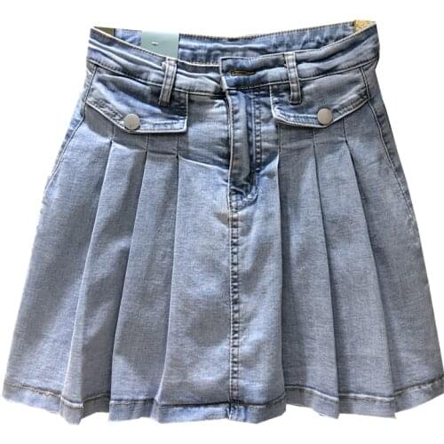 Summer Women High Waist Stretch Denim Pleated Skirts Casual Preppy A-Line Mini Skirts Sweet Light Blue Loose Short Skirts S-XL