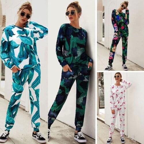 2020 Autumn Sexy 2 Piece Sets Womens Outfits Multi-color Print Round Neck Fashion Casual Suit Top Pants Two Piece Suit Clothing