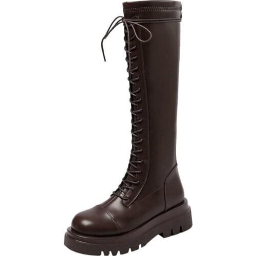 2021 Winter Knee Boots Women Black Gothic Shoes Warm Plush Boots Square Heels Leather Knee High Boots Women White Combat Boots