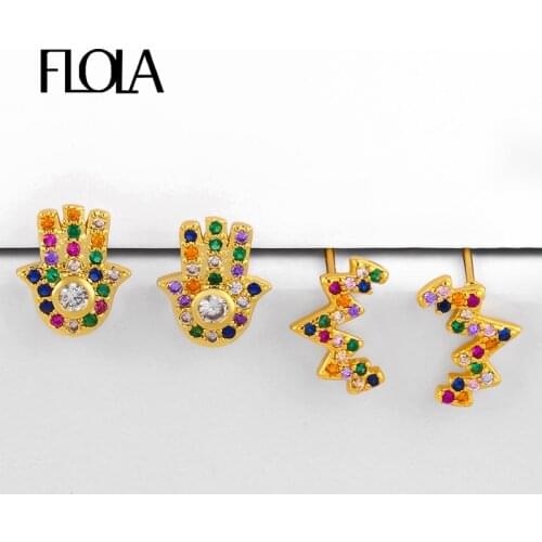 FLOLA CZ Rainbow Fatima Hand Stud Earrings For Women Small Gold Lightning Earrings Cubic Zirconia Rainbow Fashion Jewelry erss77