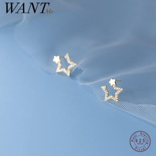 WANTME 925 Sterling Silver Shiny Zircon Romantic Hollow Star Small Stud Earrings Fashion Korean 18k Gold Korean Women Jewelry