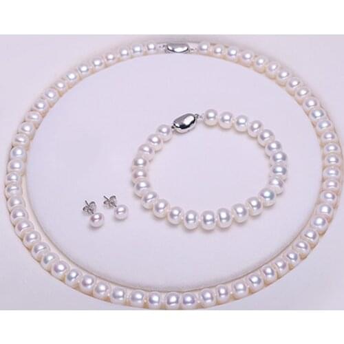 NYMPH 9-10mm Pearl Jewelry Sets For Women Natural Semi Round White Pearl Necklace Earrings Bracelet Ring For Party T405