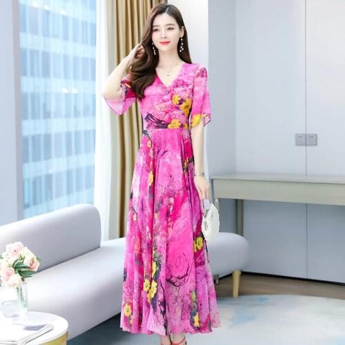 Printed chiffon dress womens summer 2021 new long dress fashion temperament waist show thin big beach dress long