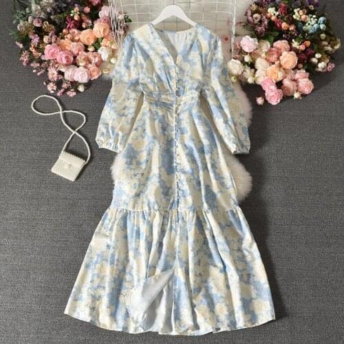 2021 New Summer Dress Temperament V-neck High waist A-line Slim Long Sleeves Dress Floral Print Elegant Chiffon Vestidos