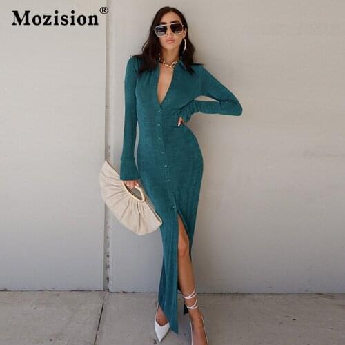 Mozision Autumn Single-breasted Knitted Long Dress For Women Casual Turn-down Collar Full Sleeve Womens Dress Vestidos