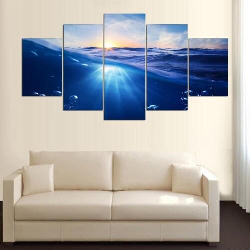 5 Panels Painting Sunrise Blue Sea Canvas Painting Seascape Picture for Bedroom Wall Art Canvas Prints Artwork Unframed