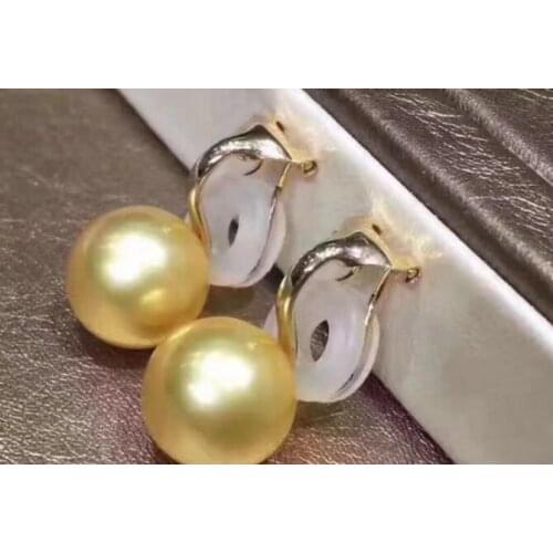 Free shipping elegant 11-11.5mm south sea round gold pearl earring 18k