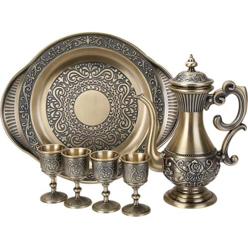 Bronze Wine Set Metal Zinc Alloy Wine Set, 1 set= 1 Plate+ 1 Pot +4 Cups For Table Craft Home Decoration