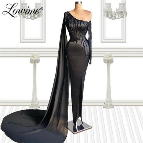 Black Long Prom Dresses Beading Customized Puffy Sleeve Dubai Arabic Evening Dress Vestido De Festa Wedding Party Gowns 2021
