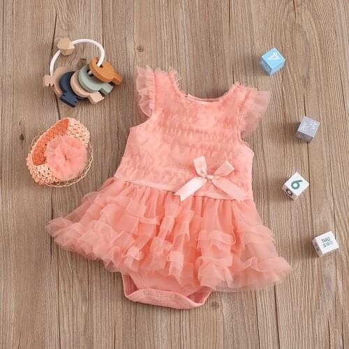 Baby Girl Clothes Sweet Solid Color Jumpsuits Romper Dress and Headband Fashion Mesh Yarn Fly Sleeve Bow Tops For Birthday Party
