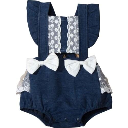 Baby Lace Denim Short Romper with Ruffles, Sleeveless Square Collar Jumpsuit with Bow-knot for Summer