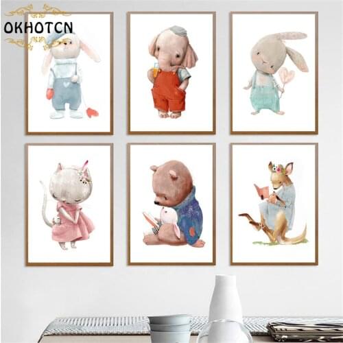 Cute Cartoon Nursery Animals Poster Rabbit Bear Elephant Cat Boho Modern Wall Art Canvas Painting Baby Kidss Bedroom Decoration