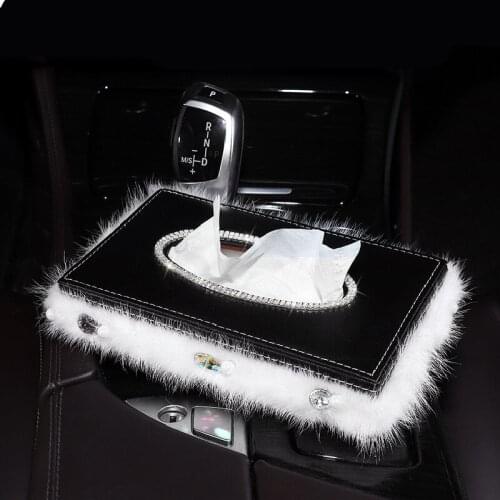 Lovely Car Block Tissue Box Furry Home Office Paper Towel Storage Cover Case with Crystals for Women Girl with Anti-slip Mat