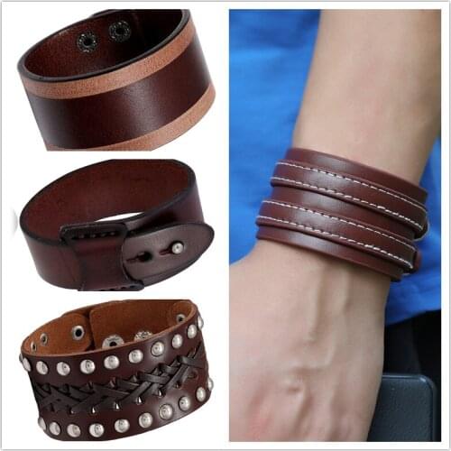 Fashion Stainless Steel Charm Magnetic Black Men Bracelet Leather Genuine Braided Punk Rock Bangles Jewelry Gifts Man Wholesale