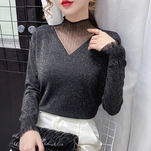 2021 New Gauze Long Sleeve Sweaters Women Autumn Winter Half High Collar Pullover Black Slim Sueters De Mujer Knitted Solid Tops
