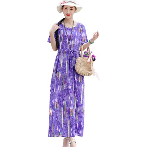 Uego Thin Soft Cotton Linen Holiday Beach Casual Dress Drawstring Print Floral Short Sleeve Loose Summer Dress Women Midi Dress