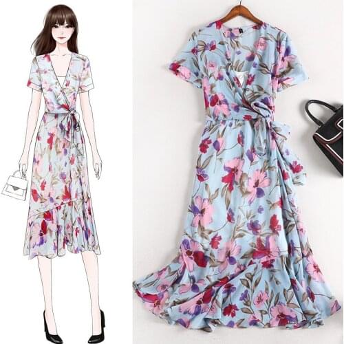 2020 High quality oversize women summer chiffon dress v-neck short sleeve printed ruffled dresses plus size 5XL beach dress 3392